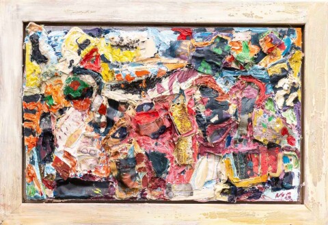 Modern schilderij van Mieke Baak the struggle of live 60x40, collage on masonite