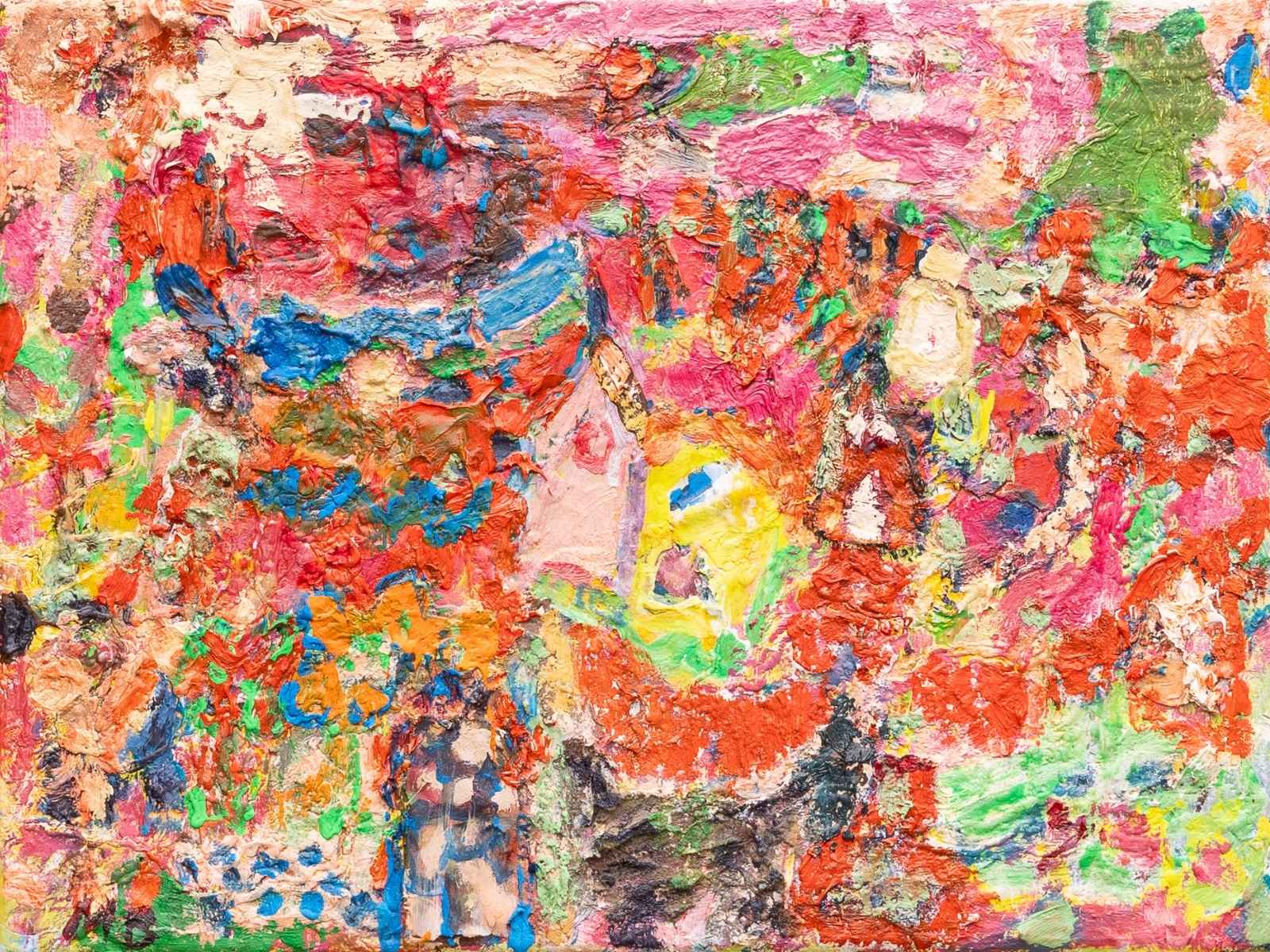 Modern schilderij van Mieke Baak huisje boompje beestje 40x30 oil on linen