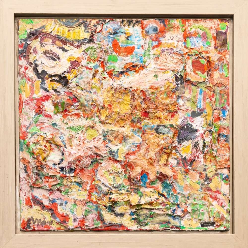 Modern schilderij van Mieke Baak I lost my teddy bear 60x60 collage oil on linen